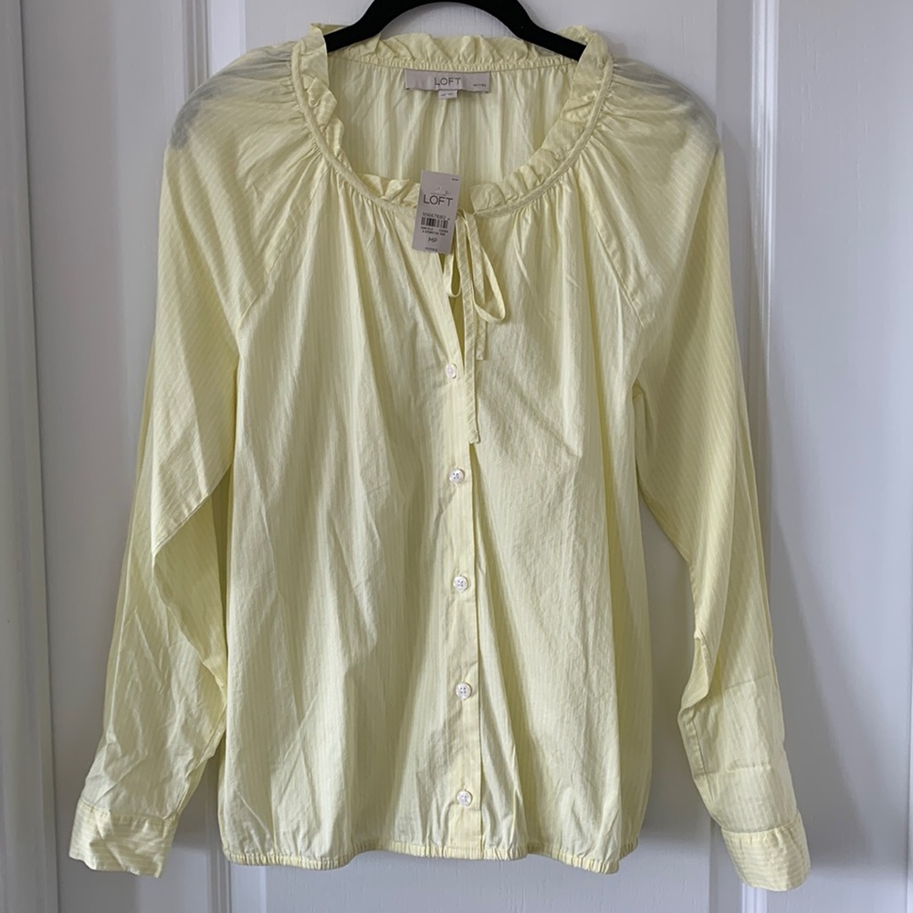 NWT LOFT Stripes Ruffle Tie Split Neck Long Sleeves 100% Cotton Blouse Size MP